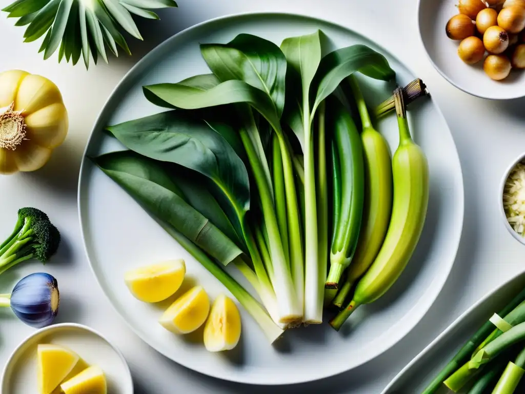 Una brillante variedad de alimentos ricos en prebióticos, como plátanos, ajo, cebolla, puerros, espárragos y achicoria, dispuestos de manera llamativa en un elegante plato blanco