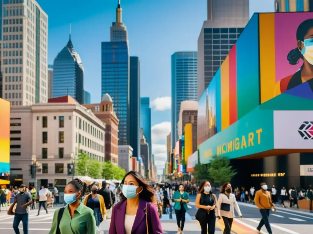 Una bulliciosa calle de la ciudad con diversidad de personas usando mascarillas, mostrando la intersección de la inmigración y la salud pública en un entorno urbano moderno