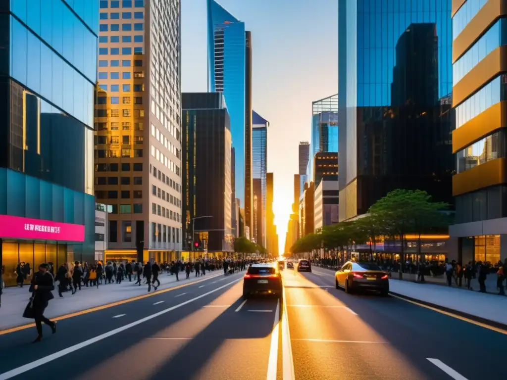 Bulliciosa ciudad moderna al atardecer, reflejando progreso y vida urbana