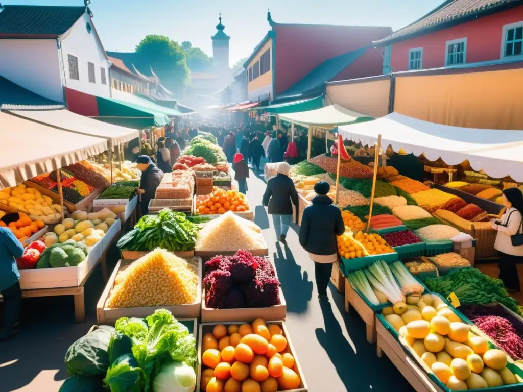 Un bullicioso mercado con frutas, verduras y alimentos fermentados