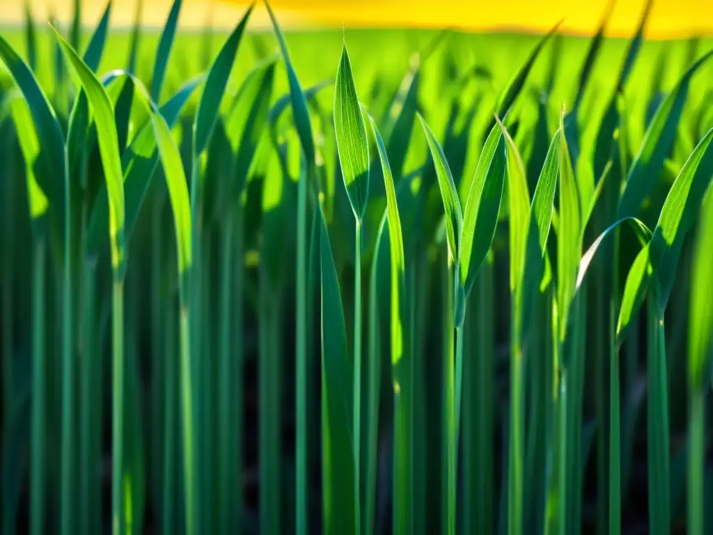 Un campo de trigo verde exuberante, bañado por la luz del sol