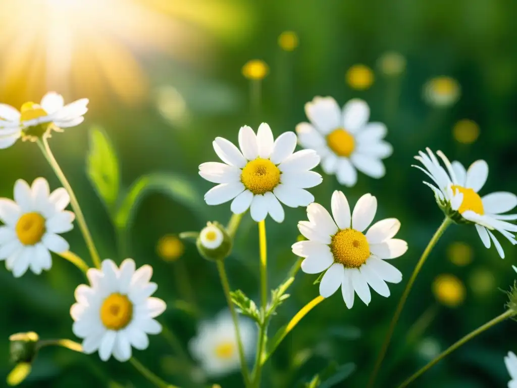 Un campo vibrante de manzanilla en plena luz del sol, con abejas y mariposas