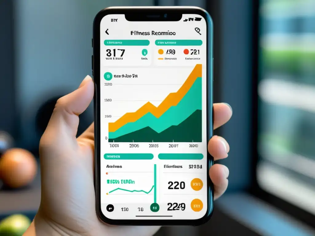 Captura de pantalla de app de fitness con gráficos detallados y recomendaciones basadas en evidencia para dieta y ejercicio
