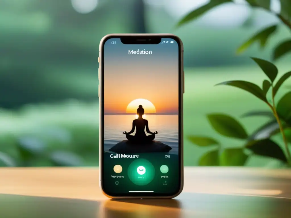 Captura de pantalla de una aplicación de meditación con escena natural calmante