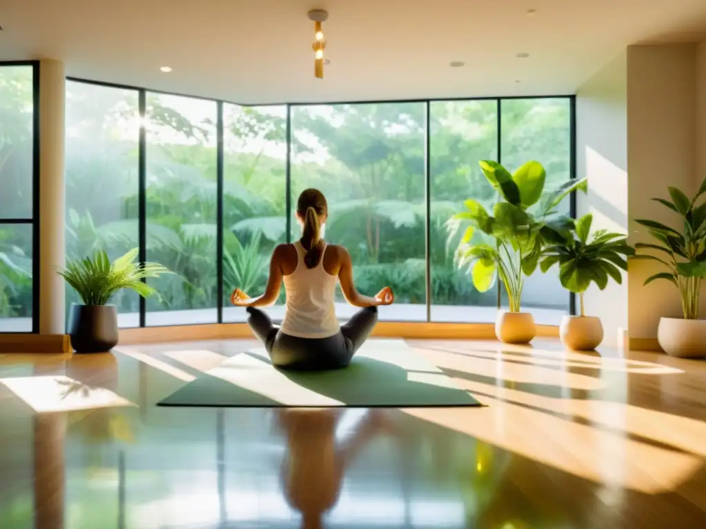 Un centro de bienestar moderno con luz natural, plantas verdes y una clase de yoga, transmitiendo serenidad y bienestar