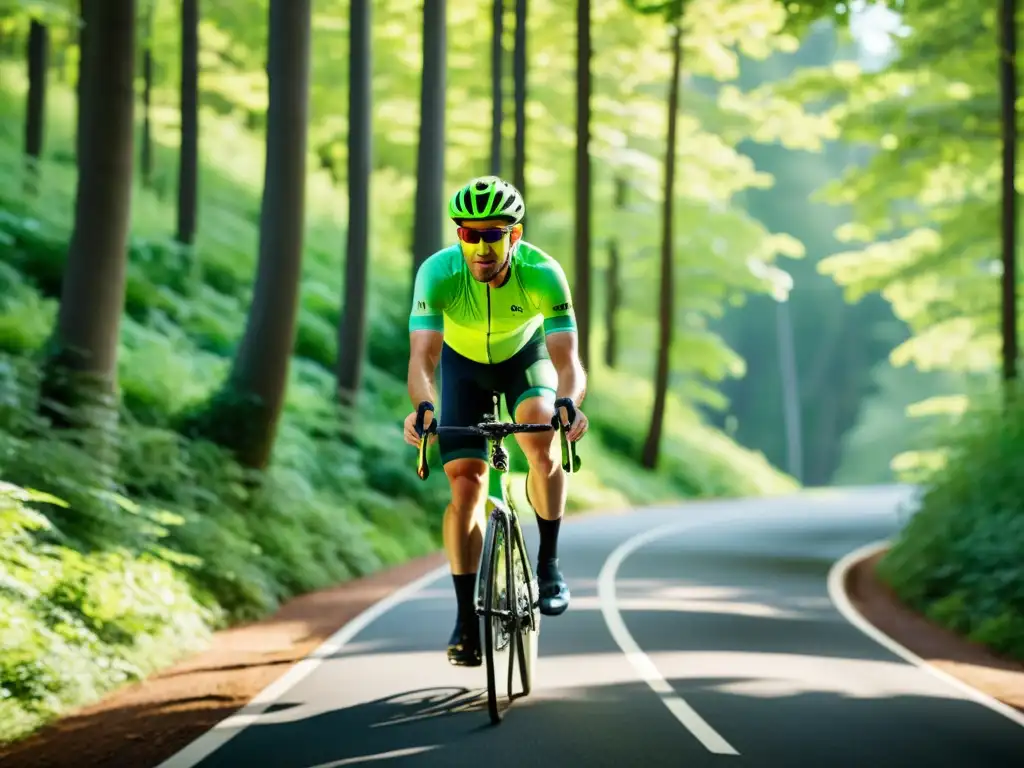 Un ciclista recorre un exuberante bosque, con luz filtrándose entre las hojas