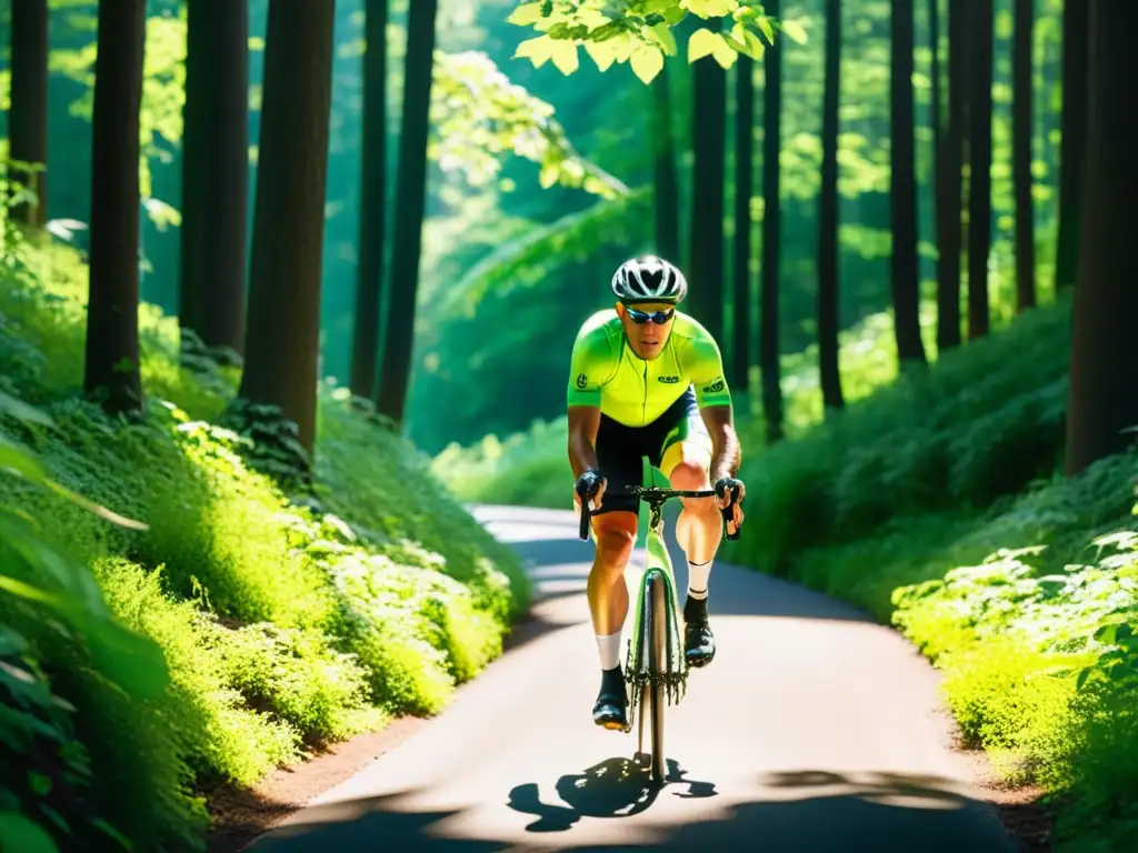 Un ciclista pedalea entre un exuberante bosque verde, fortaleciendo su sistema inmunológico mediante ciclismo