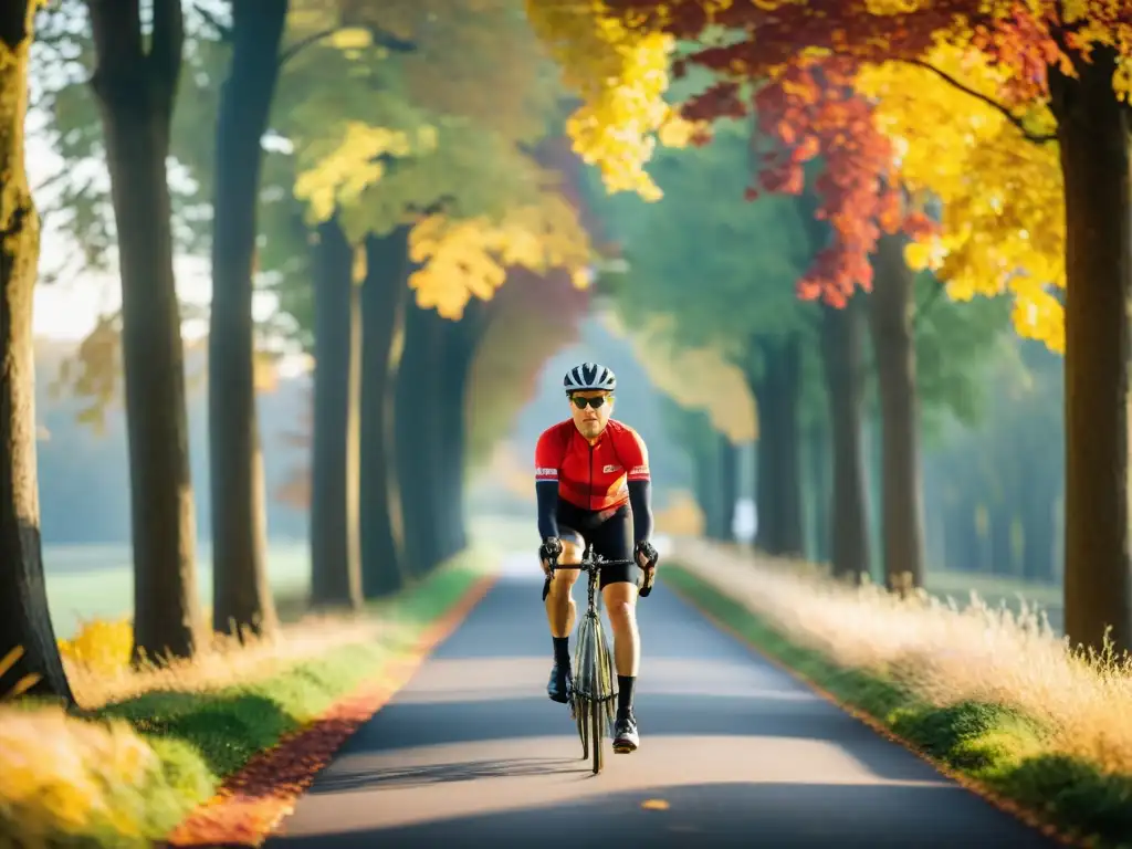 Un ciclista pedalea en un hermoso sendero rodeado de árboles con tonos otoñales