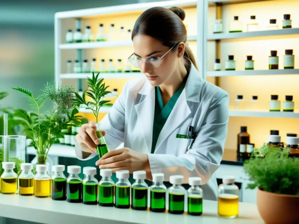 Un científico extrae cuidadosamente aceites esenciales de plantas en un laboratorio brillante y moderno