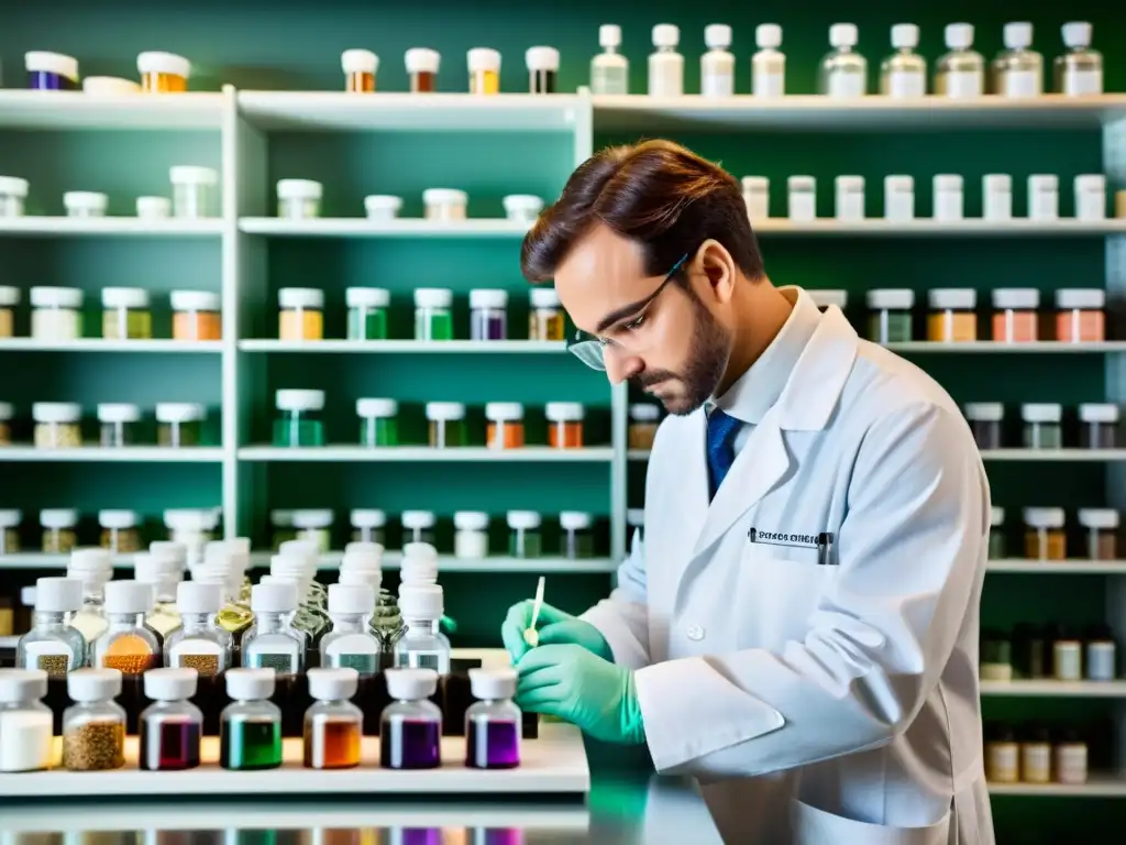 Preparación precisa de fórmula homeopática en laboratorio Un científico en bata blanca prepara cuidadosamente fórmulas homeopáticas complejas para inmunidad en un laboratorio lleno de detalles y precisión