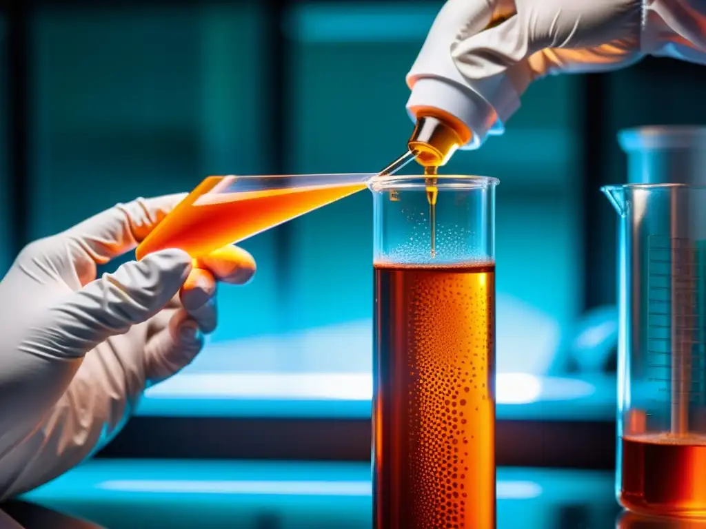 Un científico de laboratorio pipetea cuidadosamente un líquido naranja vibrante en un tubo de ensayo, creando patrones hipnóticos