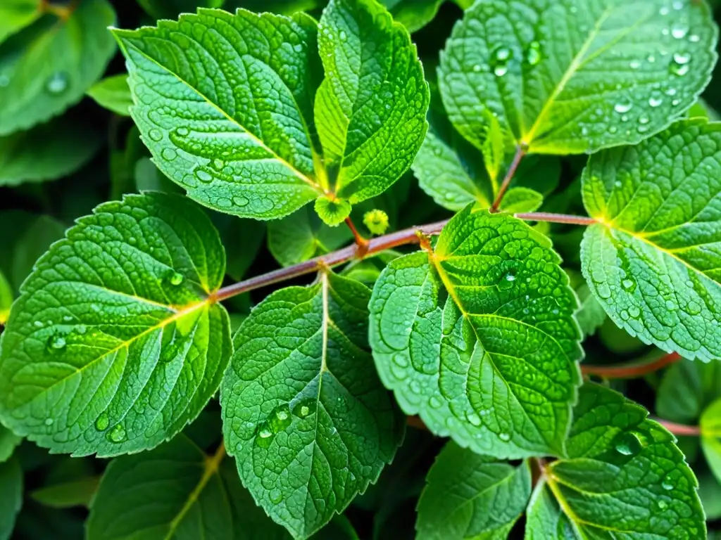 Un círculo de hojas de menta fresca con gotas de agua