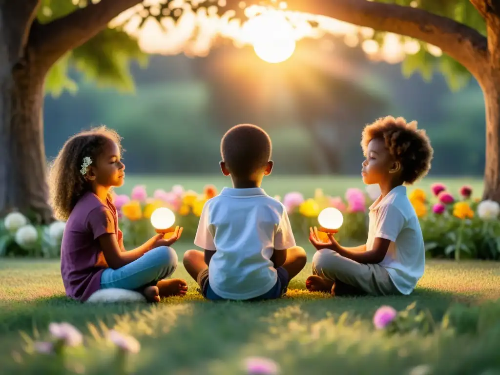 Un círculo de niños meditando en un prado al atardecer con luces mágicas