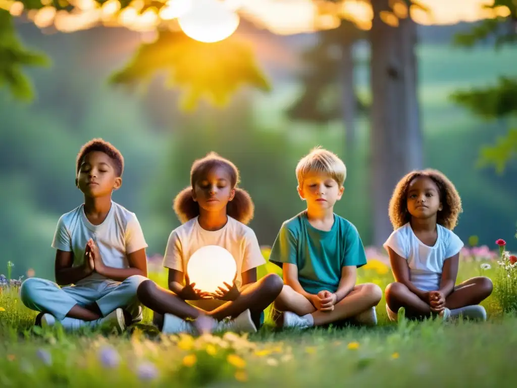 Un círculo de niños meditando en un prado verde, sosteniendo pequeñas luces brillantes