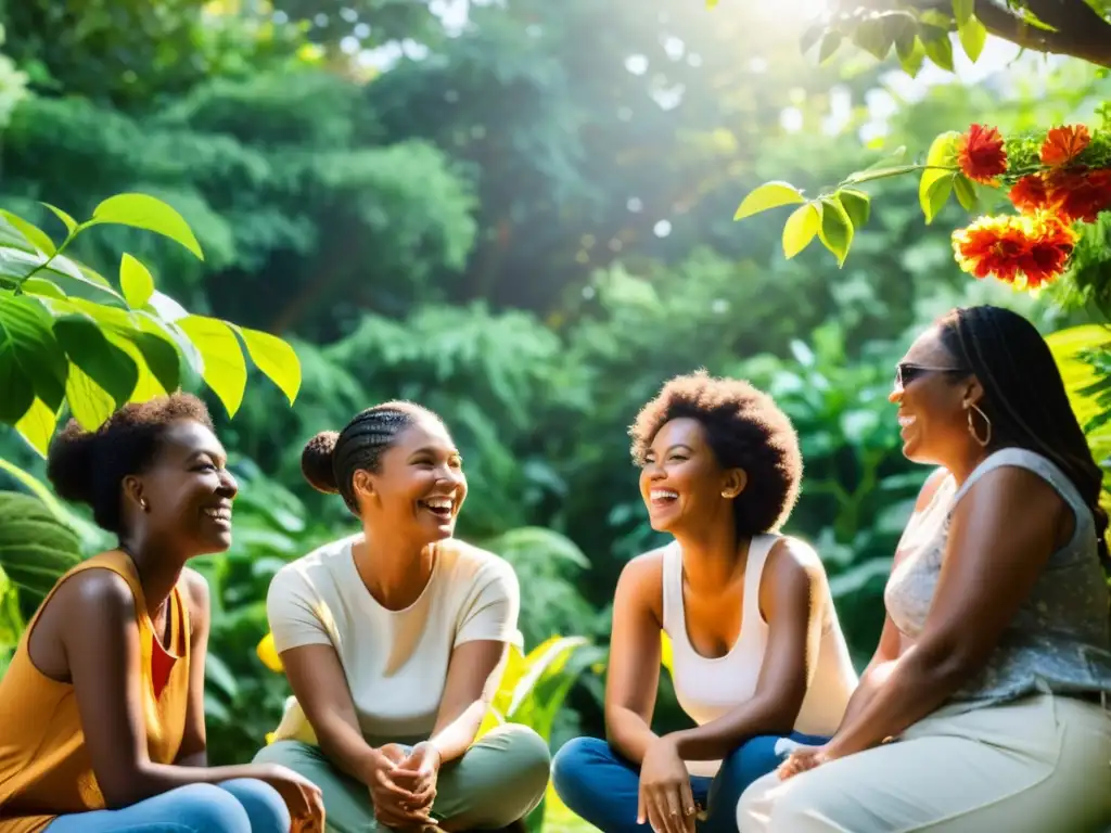 Un círculo de personas diversas conversa y ríe en un entorno natural, destacando la importancia de las relaciones sociales en el sistema inmunológico