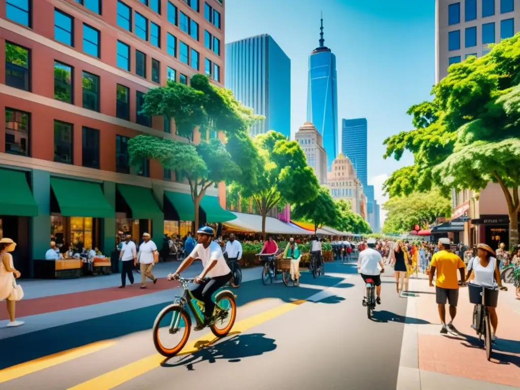 Una ciudad bulliciosa y colorida en alta resolución 8k, con gente diversa caminando y socializando