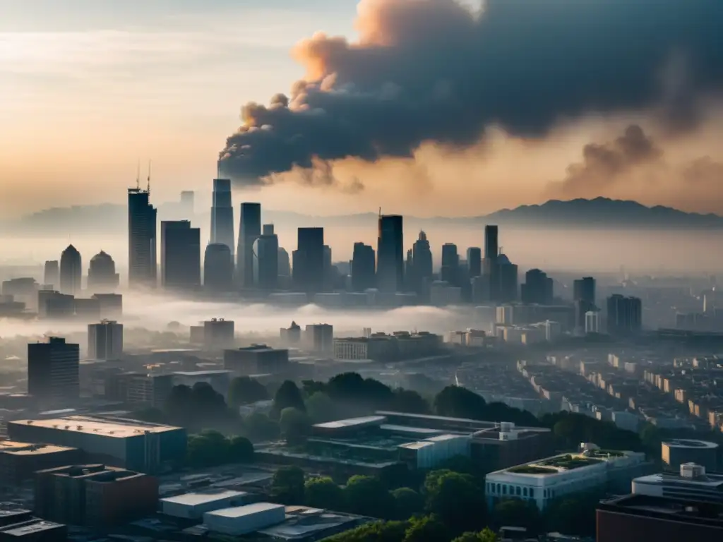 Una ciudad envuelta en espesa contaminación, con un cielo gris y matices marrones