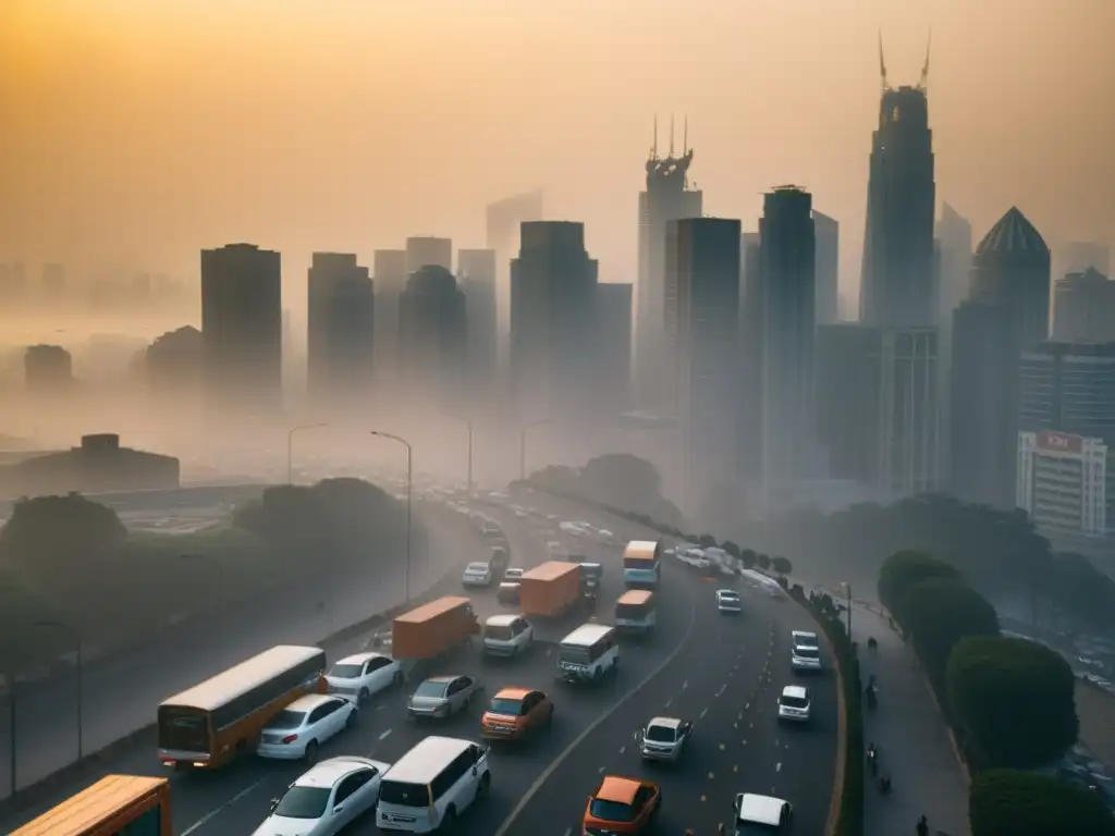 Una ciudad envuelta en smog, con rascacielos parcialmente ocultos y vehículos en carreteras congestionadas