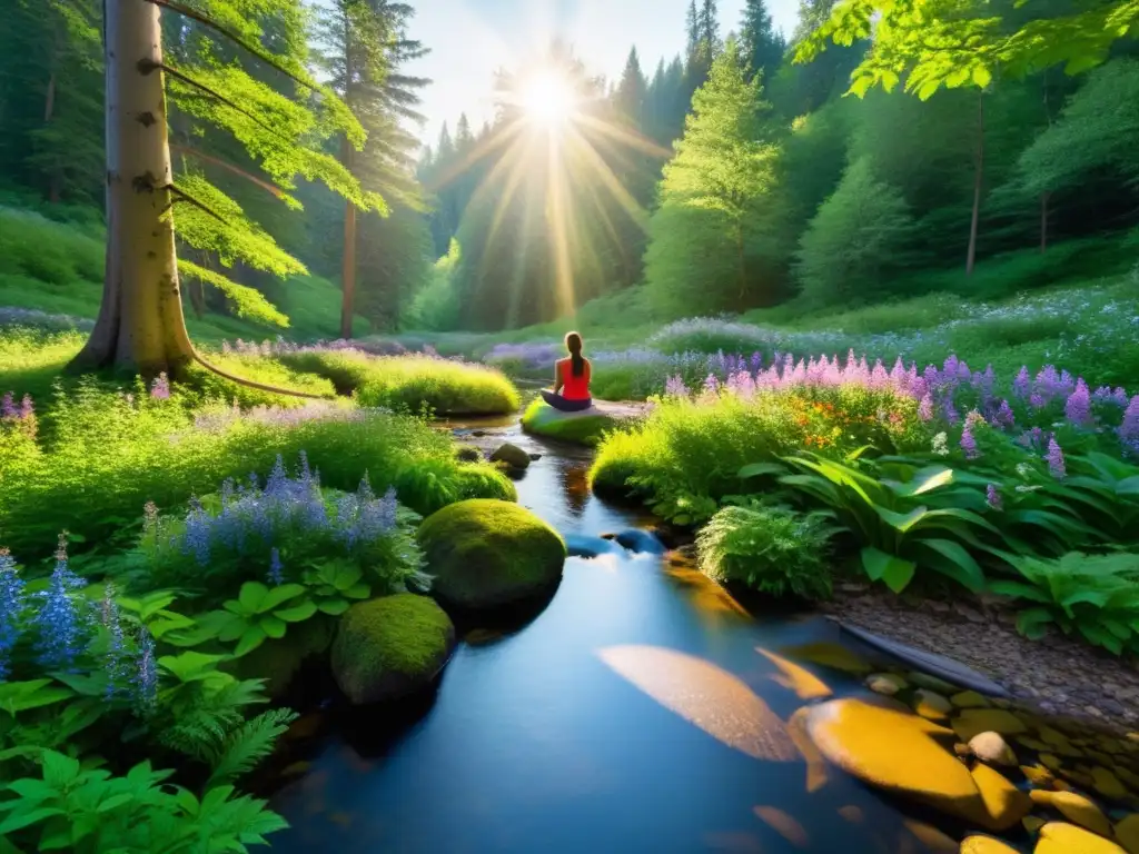 Un claro de bosque soleado y sereno con un arroyo, árboles vibrantes y flores silvestres