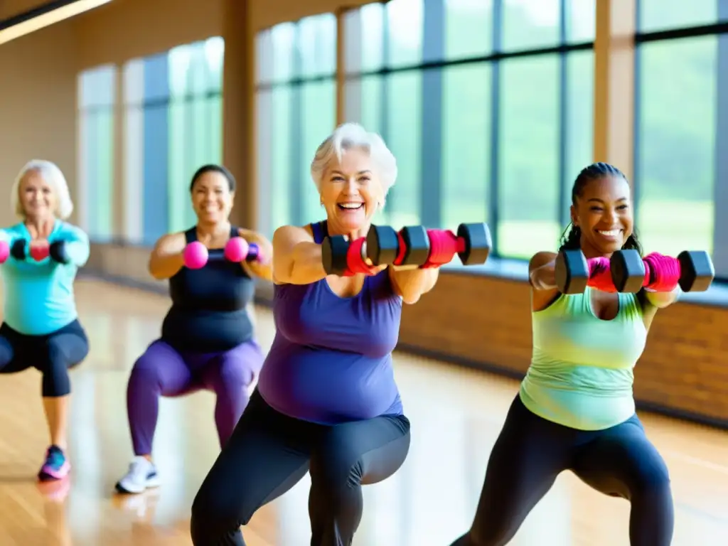 Clase de ejercicios de bajo impacto para adultos mayores en un estudio luminoso y moderno, promoviendo la inmunidad y la salud