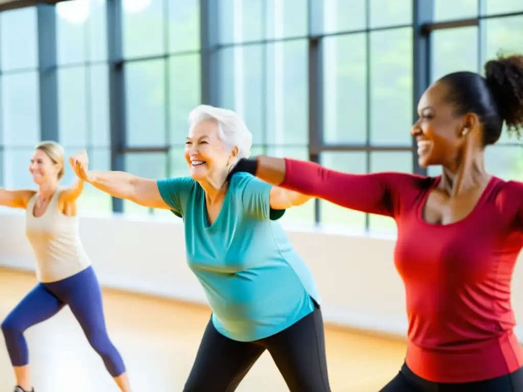 Clase de ejercicios de bajo impacto para adultos mayores en un estudio luminoso, fomentando la inmunidad y la camaradería