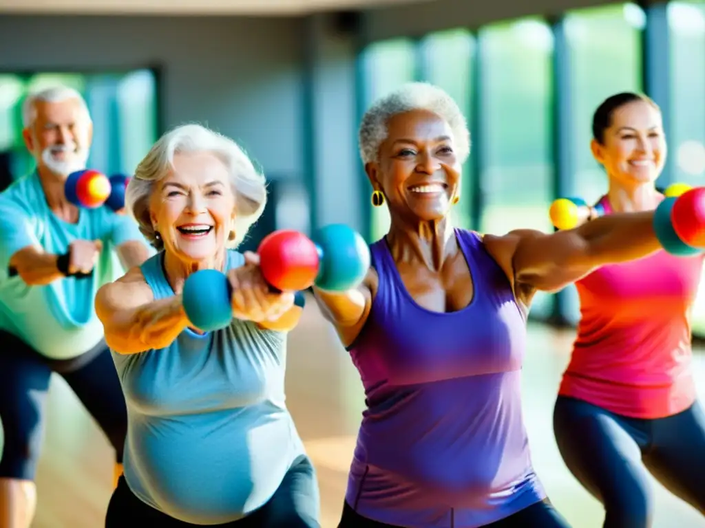 'Clase de fitness para la tercera edad, mejora la inmunidad con ejercicios suaves y positividad en un gimnasio luminoso y acogedor