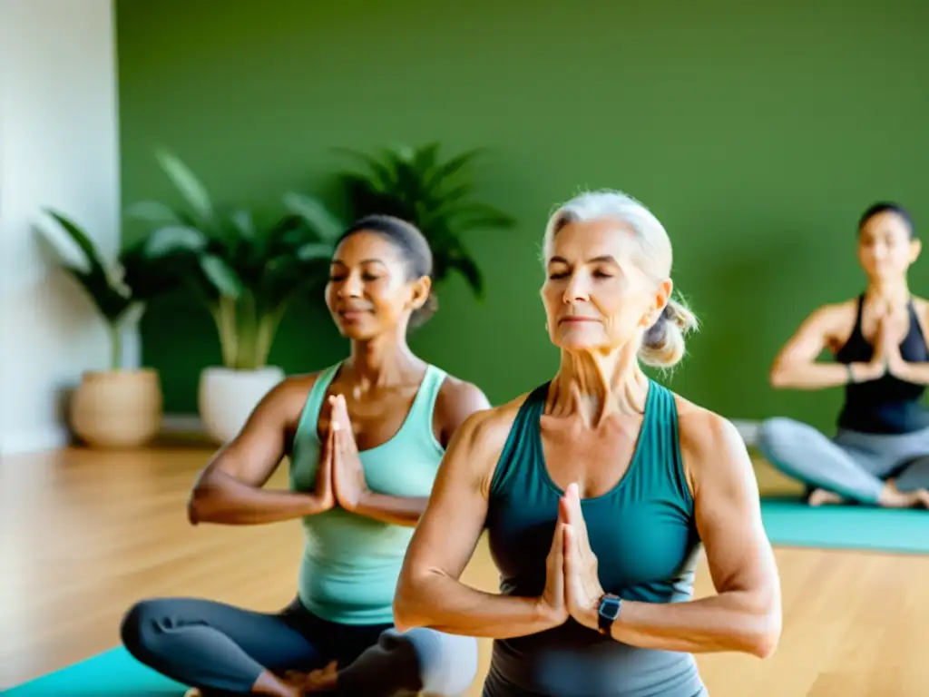 Clase de yoga para adultos mayores en un estudio luminoso con plantas verdes