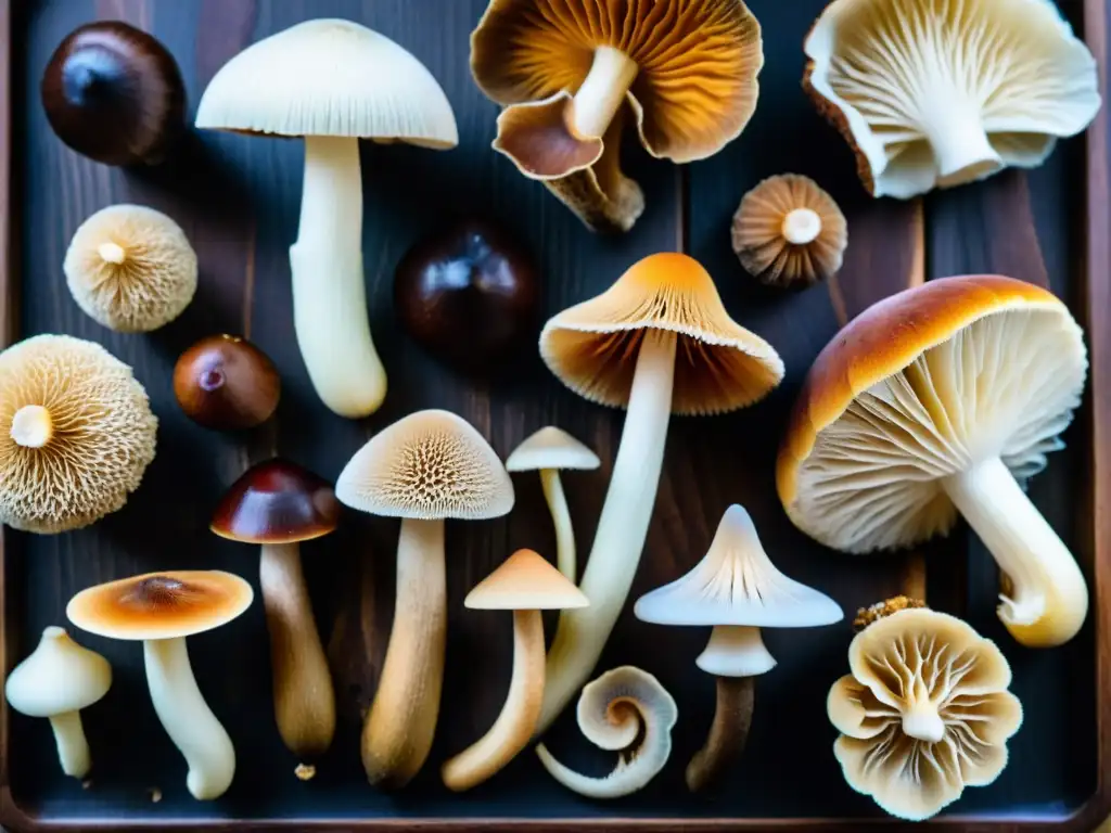 Un close-up detallado de hongos medicinales en tabla de madera oscura