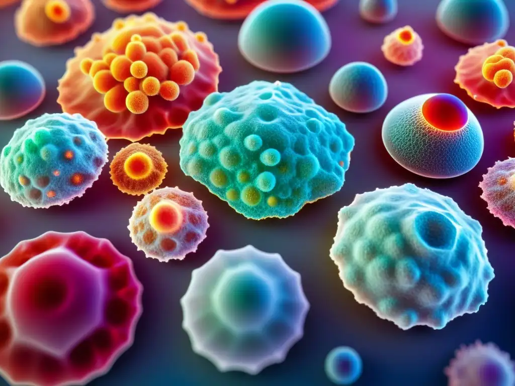 Cluster de células madre hematopoyéticas humanas en diferenciación, con colores vibrantes que representan tipos celulares, en un laboratorio futurista