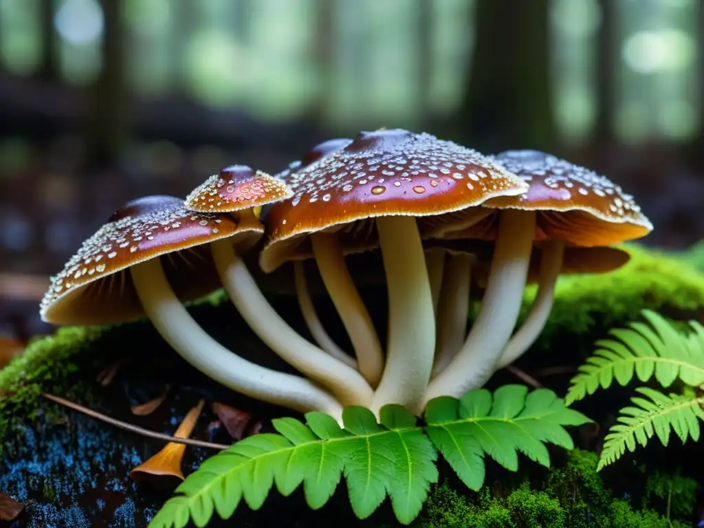 Cluster de hongos medicinales para fortalecer inmunidad en el exuberante suelo del bosque, con delicadas cápsulas rojizas y patrones únicos