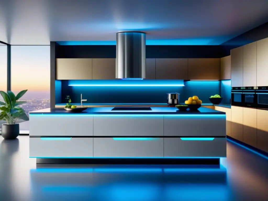 Una cocina futurista llena de tecnología y alimentos vibrantes, para una dieta personalizada que fortalece el sistema inmunológico