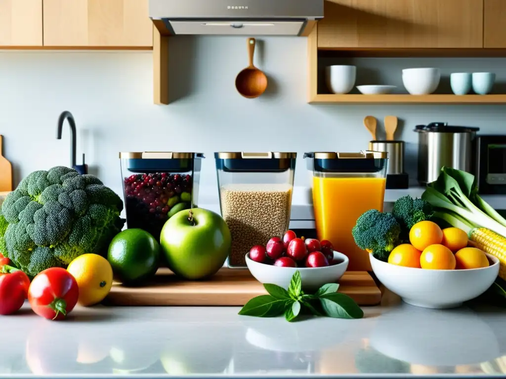 Una cocina llena de ingredientes frescos y utensilios de cocina, transmitiendo preparación y alimentación saludable para el sistema inmunológico