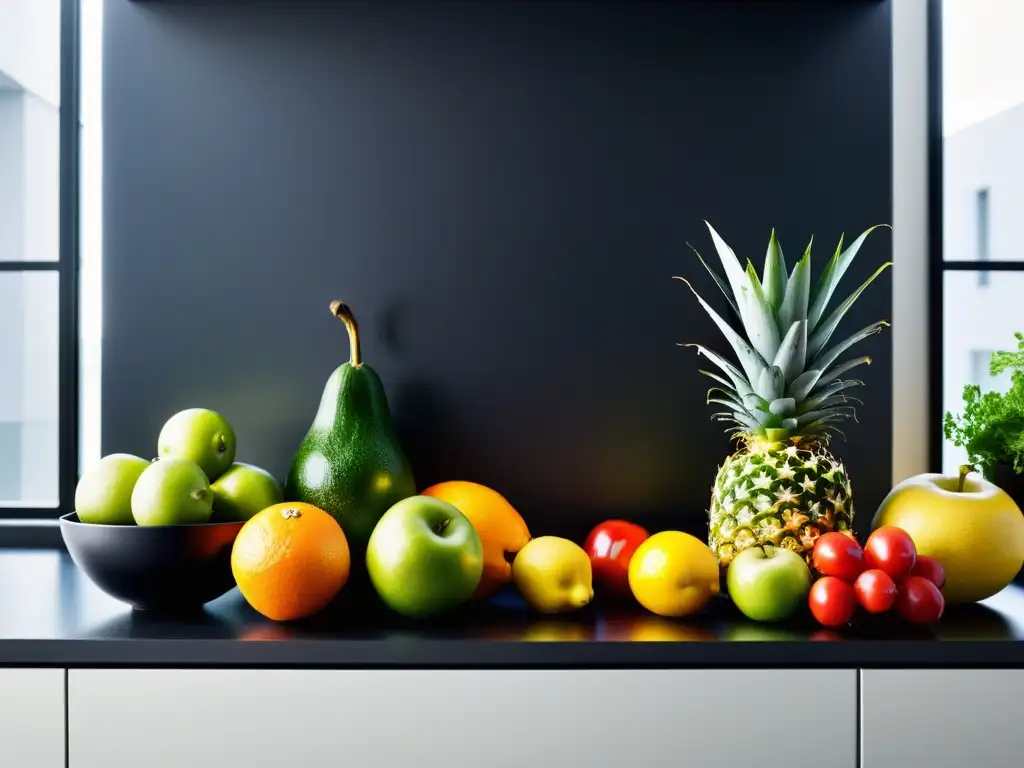 Una cocina minimalista con frutas y verduras frescas en contenedores negros