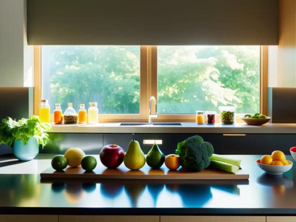 Una cocina minimalista con frutas, verduras y suplementos organizados, iluminada por luz natural