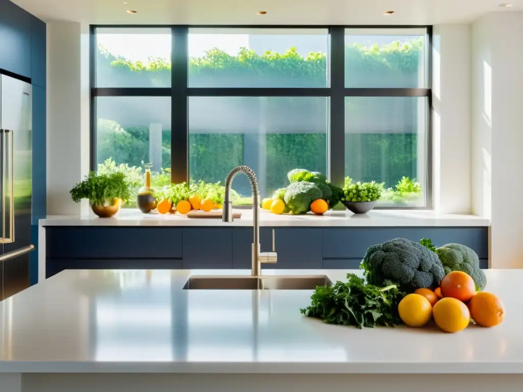 Una cocina minimalista llena de frutas y verduras vibrantes, bañada por luz natural