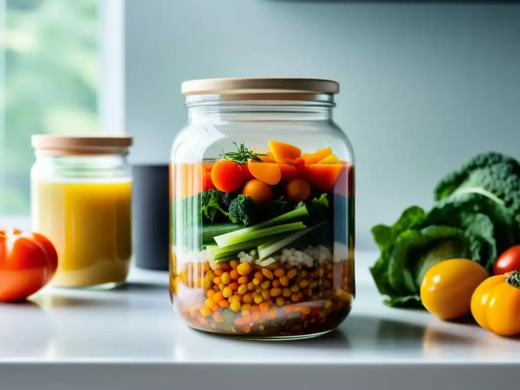 Una cocina moderna con frascos de verduras fermentadas