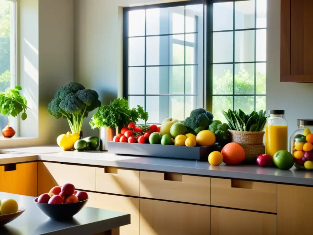 Una cocina moderna llena de frutas y verduras frescas, con luz natural que realza su color