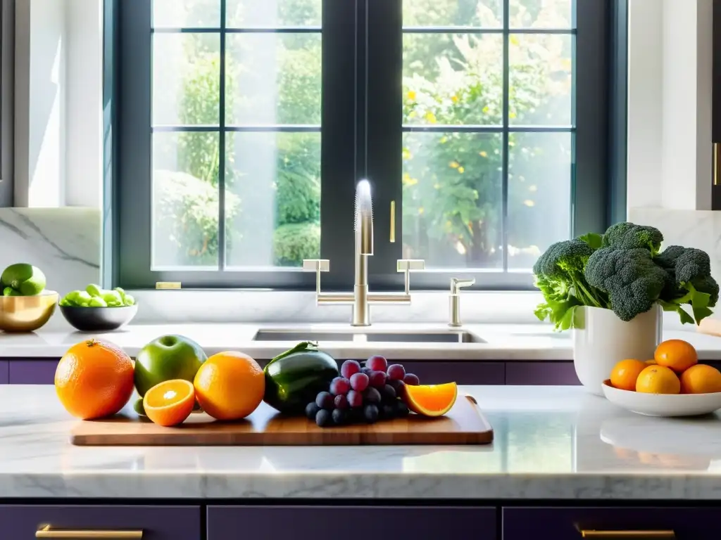 Una cocina moderna llena de frutas y verduras coloridas, con luz solar que realza su frescura