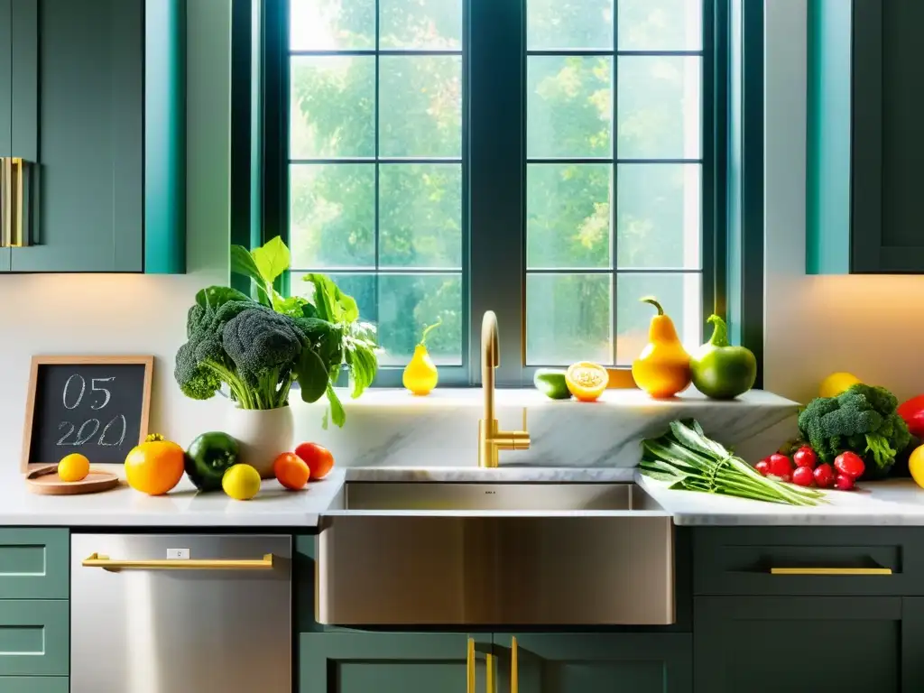 Una cocina moderna llena de frutas y verduras coloridas, bañada por la luz natural