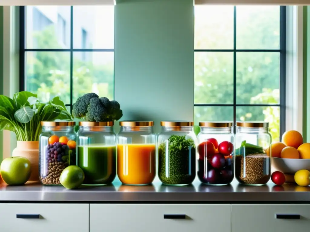 Una cocina moderna llena de frutas, verduras y suplementos para reforzar sistema inmunológico, iluminada por la luz del sol