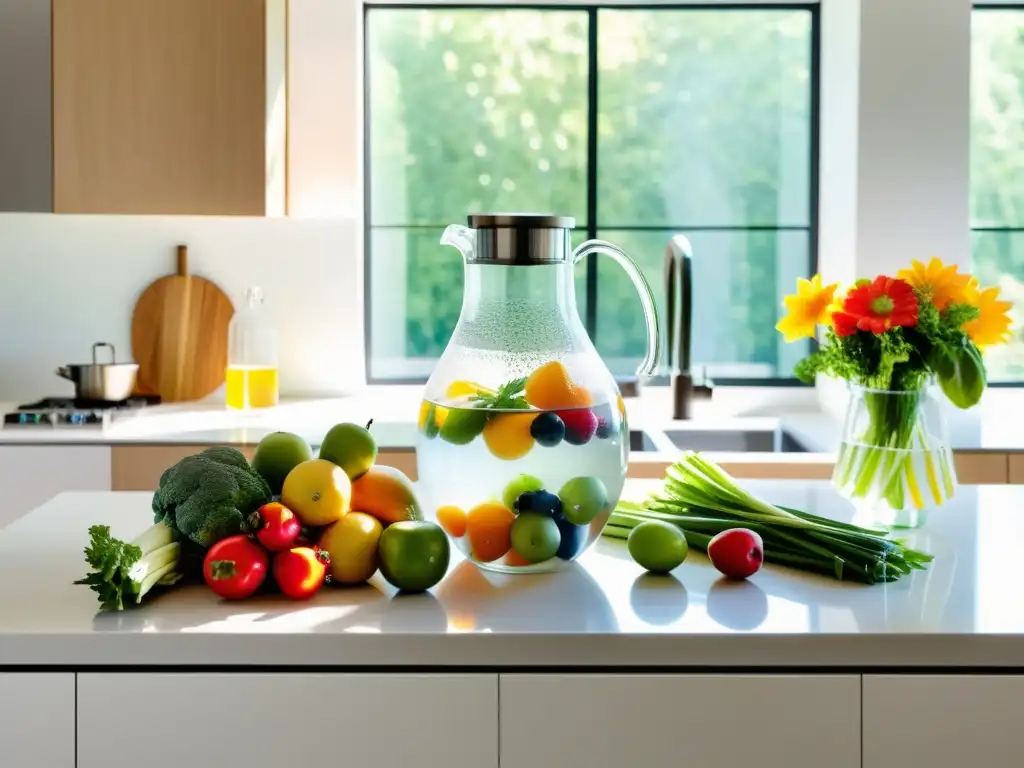 Una cocina moderna y serena con diseño minimalista, frutas y verduras coloridas, y agua infusionada