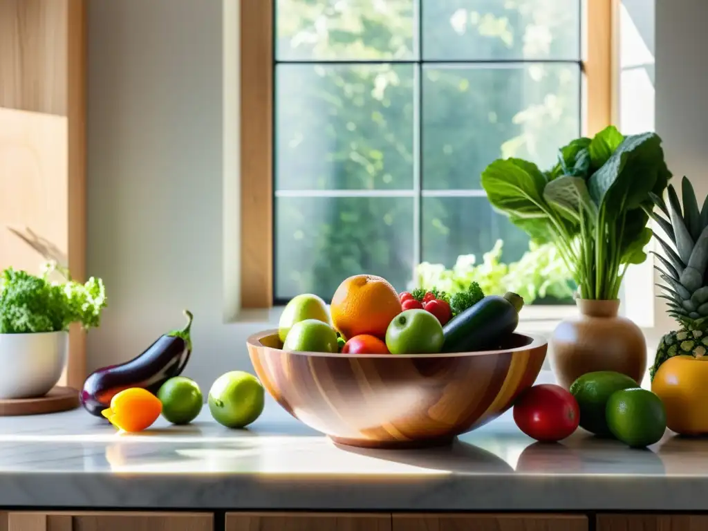 Una cocina moderna y serena con una encimera de mármol y una variedad de frutas y verduras frescas y vibrantes, organizadas en un tazón de madera