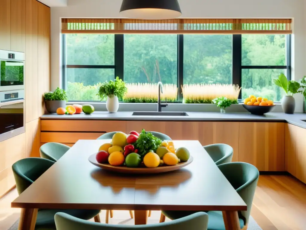 Una cocina moderna y serena con una mesa de madera lista para una comida colorida y saludable