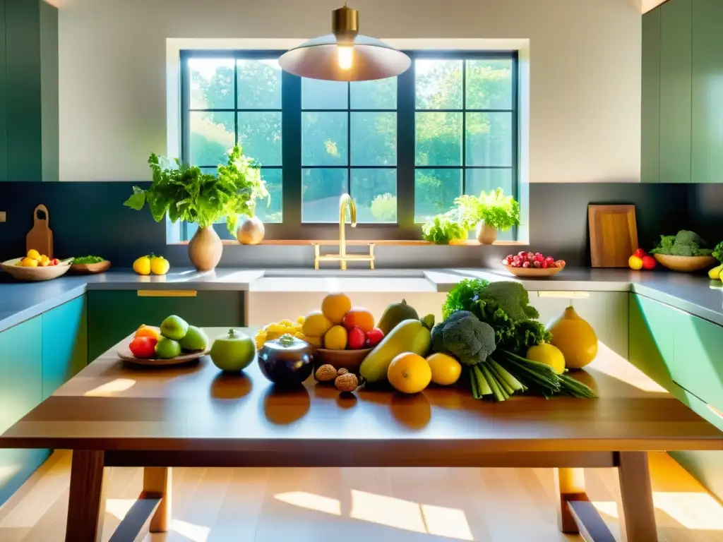 Una cocina moderna y serena con una mesa de madera repleta de frutas, verduras y frutos secos