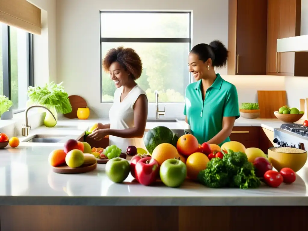 Una cocina moderna y vibrante con una encimera de mármol mostrando una variedad de frutas, verduras y granos enteros