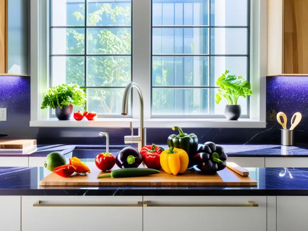 Una cocina moderna y vibrante llena de frutas y verduras coloridas, resplandeciendo frescura