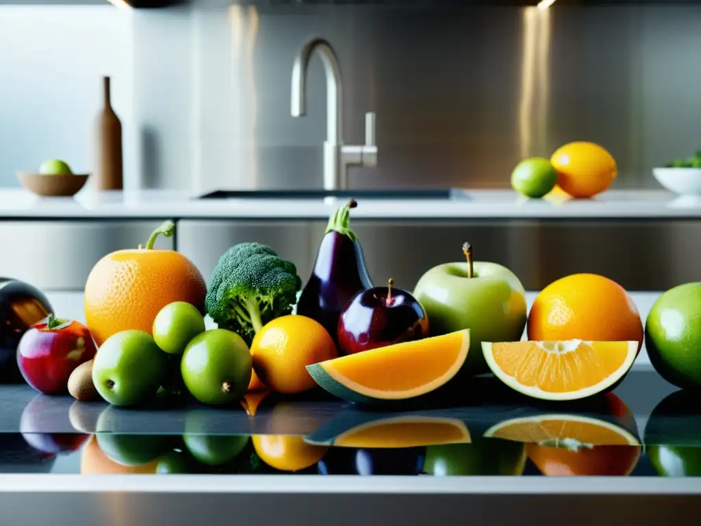 Una colección vibrante de frutas y verduras frescas en una cocina moderna