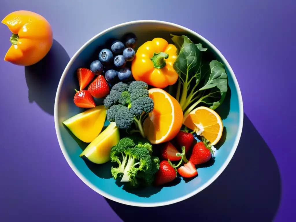 Una colorida ensalada de frutas y verduras frescas para fortalecer el sistema inmune, con kale, pimientos, fresas, kiwi y más