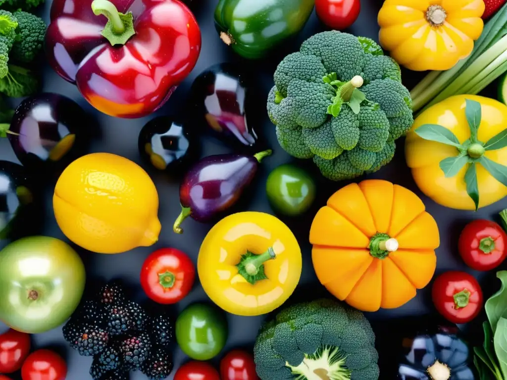 Una colorida exhibición de frutas y verduras frescas, detallada y fresca