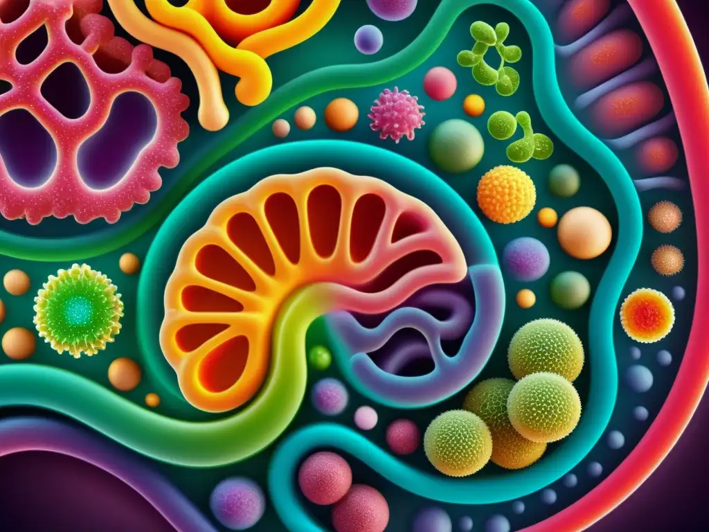 Colorida ilustración de la microbiota intestinal, influyendo en el estado de ánimo